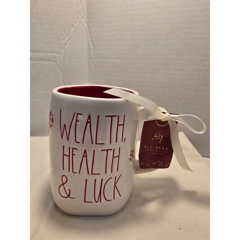 Rae Dunn Wealth Health & Luck Ceramic Mug Red Interior